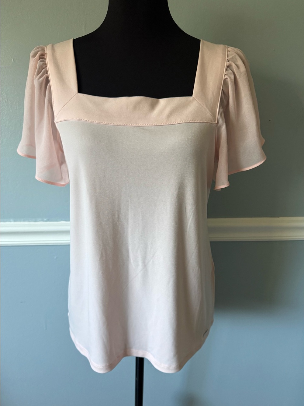 Calvin Klein Pale Pink Blush Square Neck Flutter Sleeve Blouse S